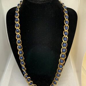 Napier Necklace 24 Inches Dark Blue Beaded Chunky Gold Tone Vintage Signed